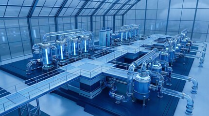 Industrial 3D visualization of water purification plant, futuristic factory interior with blue liquid processing tanks and pipeline system