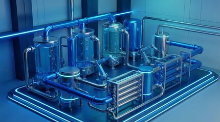 Industrial machinery with blue pipes and tanks in modern facility  