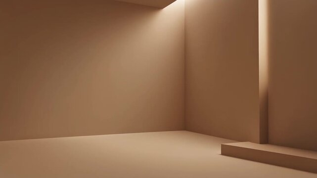Minimalist beige interior room with soft light and geometric platform