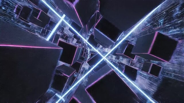 Video Game chase concept motion graphic. Virtual Reality race flyby inside a retro neon cyber city. flash back of 80s computer games. Abstract Neon futuristic VJ tech background. 3D render, 4K loop