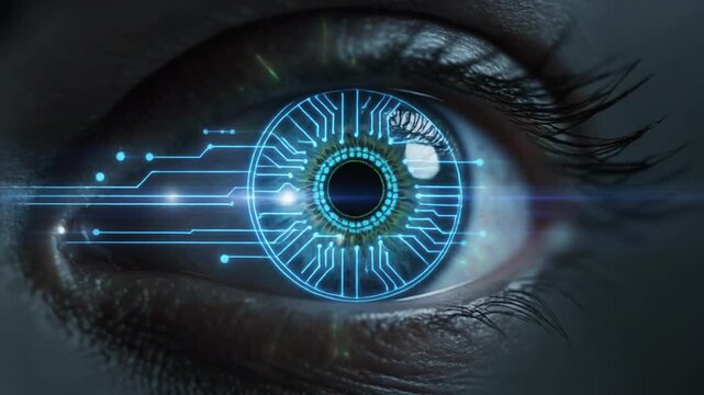 Human eye with futuristic iris displaying neon circuits, iris scan on dark background