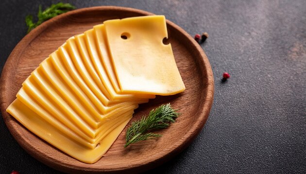 stack of delicious creamy yellow cheese slices on wooden plate food meal diet jack edam dairy snack