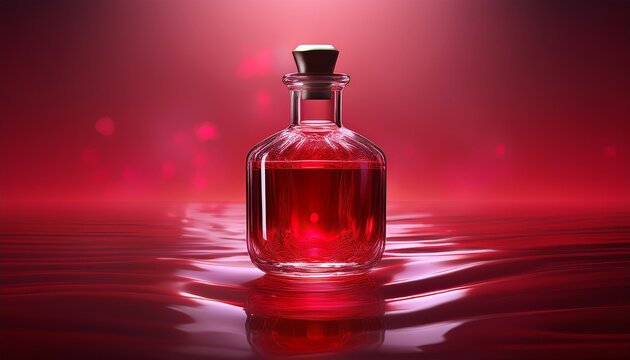 crimson elixir a single glass bottle filled with a vibrant crimson liquid floats against a gradient red backdrop conveying sophistication and allure