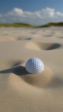 Golf ball on sandy beach with golf divots and sunny blue sky
