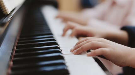 Fototapeta premium Close-up of hands playing piano keys: musical creativity and expression in action