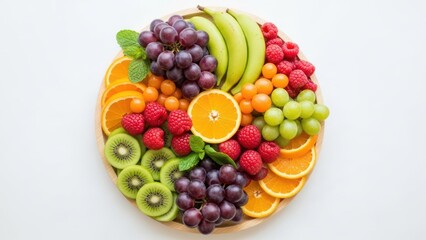 Assortment of fresh fruits arranged on a wooden platter with white background