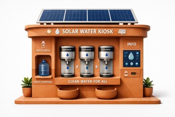 Innovative solar water kiosk showcasing sustainable drinking solutions with bottle refill options and device charging, designed to promote access to clean water for all communities