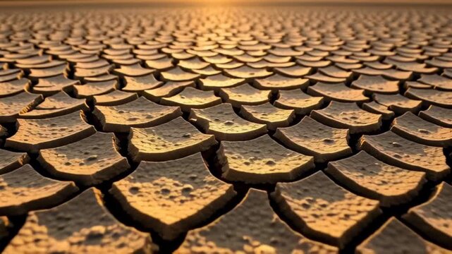 Cracked Earth Texture, Dry Soil Background, Arid Landscape, Sunset Light