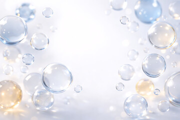 Abstract close-up shot of clear water droplets and bubbles in varying sizes.