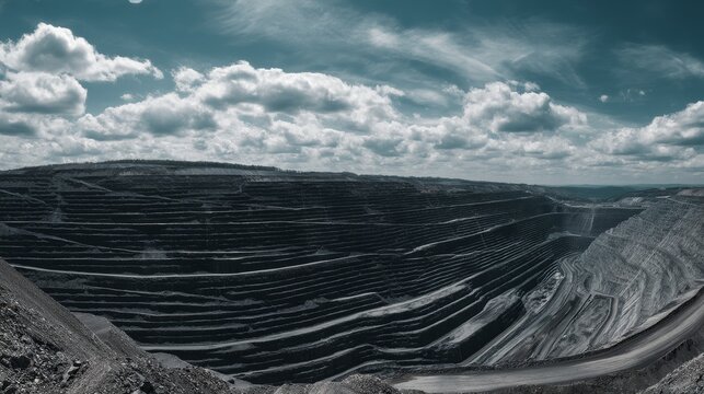 View of a large open-pit coal mine showing layers of coal and earth during a cloudy day in a remote location