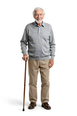 Smiling Senior Caucasian Man with Beard Standing with Walking Cane on White Background