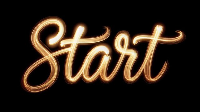 Minimalist light painting animation of the word "Start" written in glowing golden cursive trails on a black background for business launches, motivational intros, and personal growth concepts
