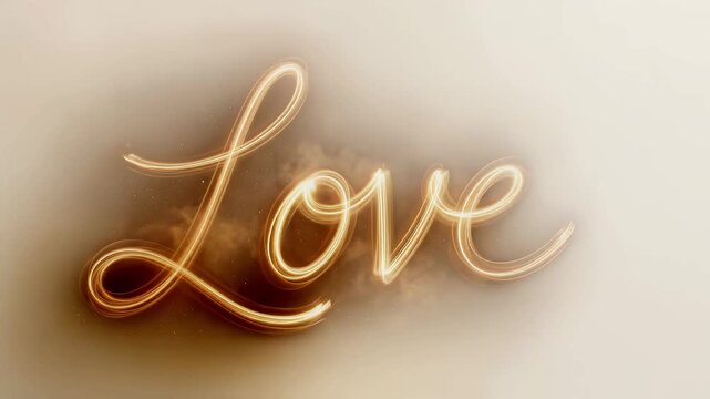 Elegant light painting animation of the word "Love" written in glowing golden cursive trails with floating embers and smoke background for romantic and inspirational concepts