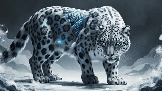Close up of patterned snow leopard with piercing green eyes