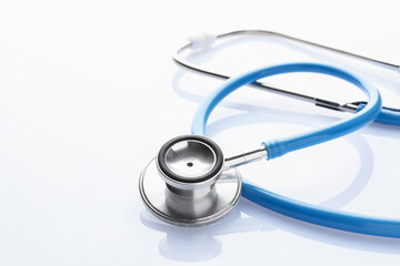 One stethoscope on white background, closeup. Space for text