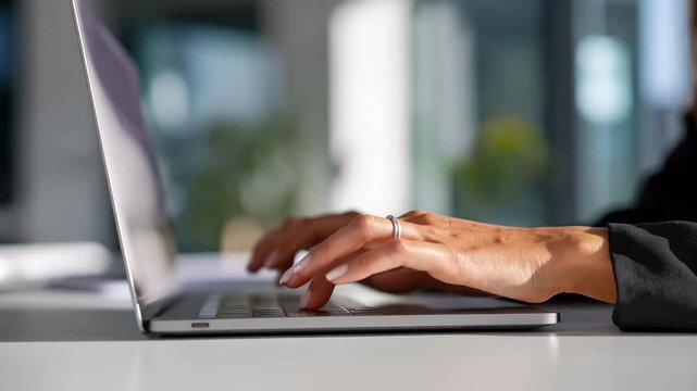 Hands typing on a laptop keyboard, focused on digital work and professional indoor activity