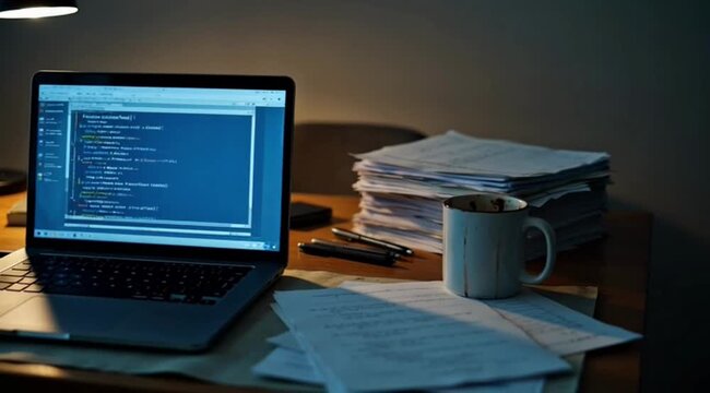 Laptop with coding screen and paperwork on wooden desk at night  