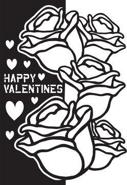 Happy Valentines Rose Floral Vector, Romantic Flower Line Art with Valentine Text, Decorative Rose Illustration for Greeting Cards and Prints