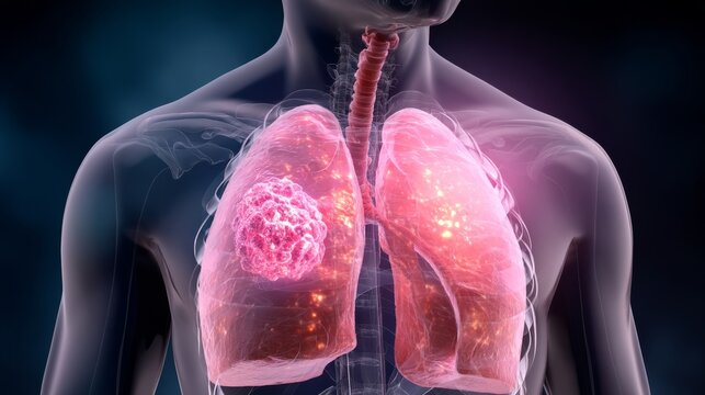 Human torso with glowing lungs highlighted to show inner structure and detail illustrating respiratory function and health in a medical context