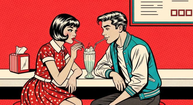 Retro couple sharing a milkshake at a diner counter vintage pop art style with vibrant red background depicting young romance and nostalgic 1950s era dating with a focus on shared