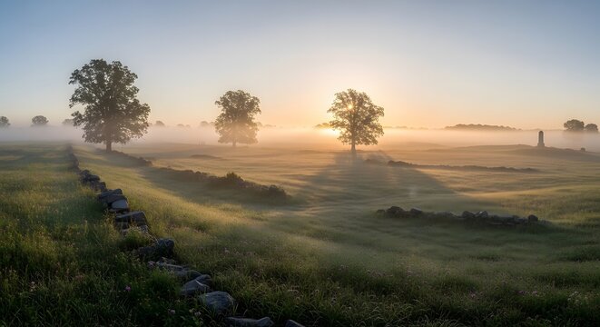 American Patriotism: Peaceful Sunrise Over Misty Countryside Field