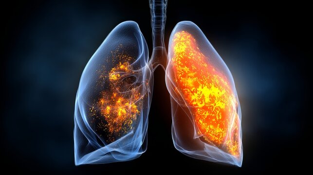 Medical render showing lungs with severe damage and inflammation due to infection and disease