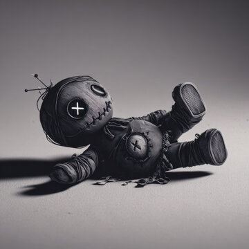 Voodoo Doll's Somber Embrace: A monochrome depiction of a meticulously crafted voodoo doll evokes an air of mystery and spiritual reflection. With its stitched features and pin adornments.