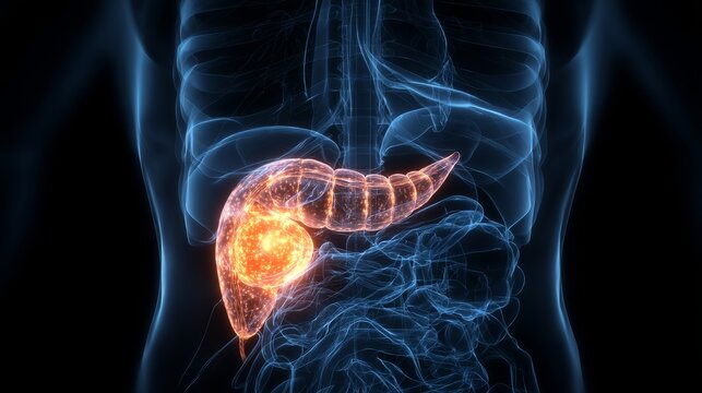 Visualization shows pancreas cancer with glowing tumor mass in human body