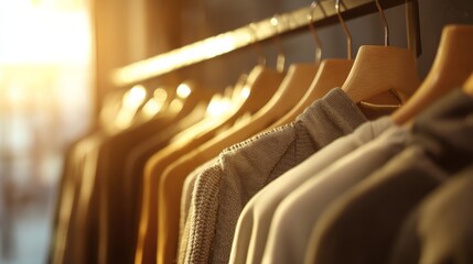 Obraz premium Apparel rack receives sunlight and draws attention to various clothing items in a store setting