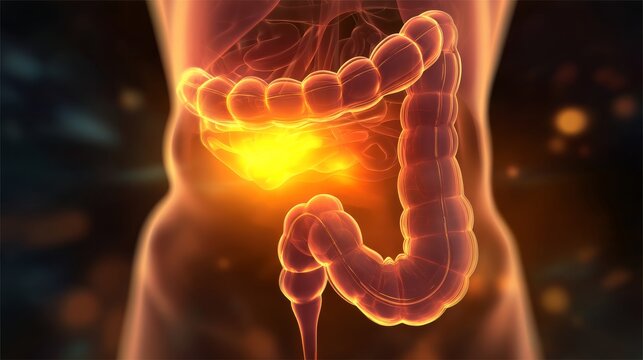 Illustration showing inflamed duodenum with surrounding digestive parts and glowing effect in a close-up view