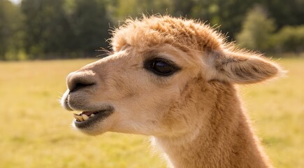 Obraz premium Closeup portrait of adorable white alpaca during a daily graze in Scottish Galloway hills. Beautiful furry animal on bright blurry green and flowery background.