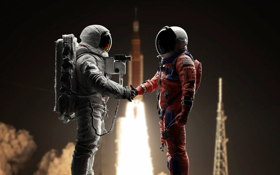 Two astronauts from different eras shaking hands, symbolizing the connection between historic and modern lunar exploration missions - Artemis and Apollo