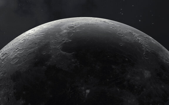 Highly detailed full moon sphere showing craters and surface textures against a dark starry space background, perfect for astronomical concepts