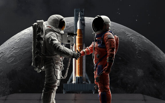 Two astronauts from different eras shaking hands, symbolizing the connection between historic and modern lunar exploration missions - Artemis and Apollo