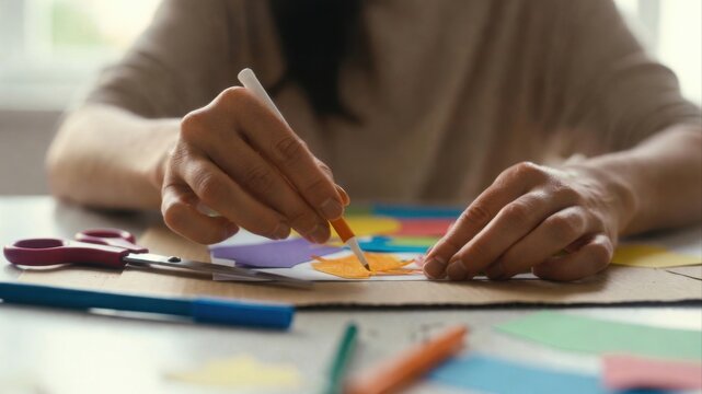 Close up hands making paper craft with scissors and glue