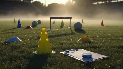 Sports training setup with cones and stopwatch in morning fog