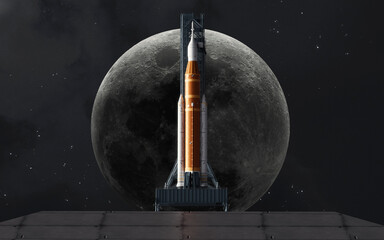 The Artemis II Space Launch System (SLS) mega-rocket awaits launch on the pad with the Moon centered behind its tip, symbolizing humanity's return to the lunar surface