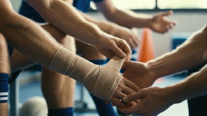 Sports therapist wrapping athlete ankle with elastic bandage