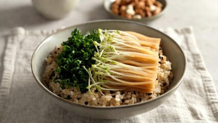 Rice bowl with tofu strips sprouts and scallions on linen