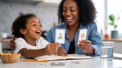 Mother and boy playing learning flashcards at home table