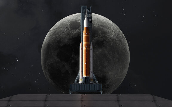 The Artemis II Space Launch System (SLS) mega-rocket awaits launch on the pad with the Moon centered behind its tip, symbolizing humanity's return to the lunar surface