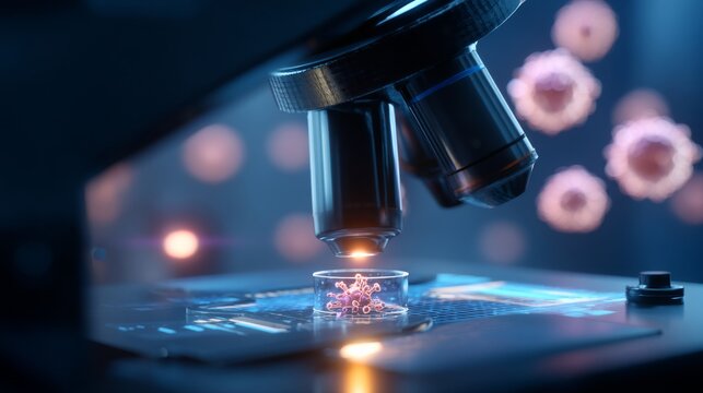 Oncology research scene showing microscope examining cancer cells and samples in a laboratory setting during daytime