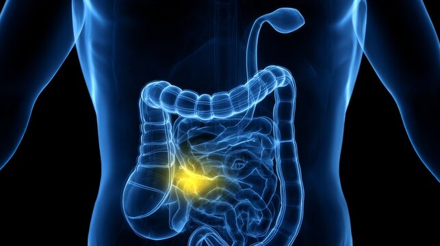Medical visualization showing duodenum disease with glowing details of affected areas inside the human body