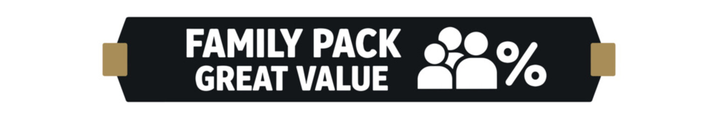 Flat vector label strip badge FAMILY PACK GREAT VALUE simple white users with percent sign pictogram beside text small tabs