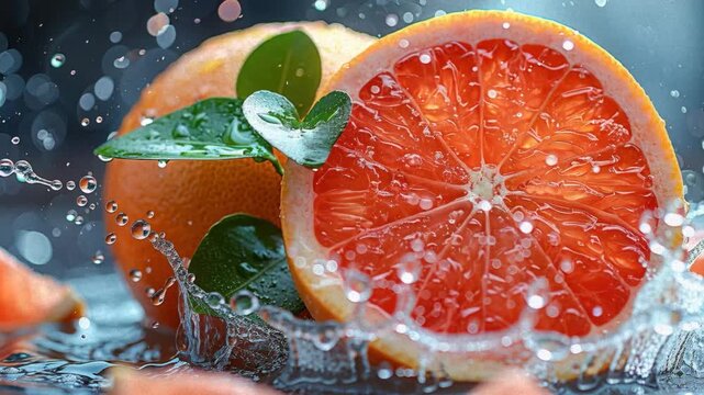 Close-up shot of juicy grapefruit halves in various stages, with water droplets amidst a vibrant splash of juice Rich red and green hues dominate the scene The background is softly bl - AI-Generated