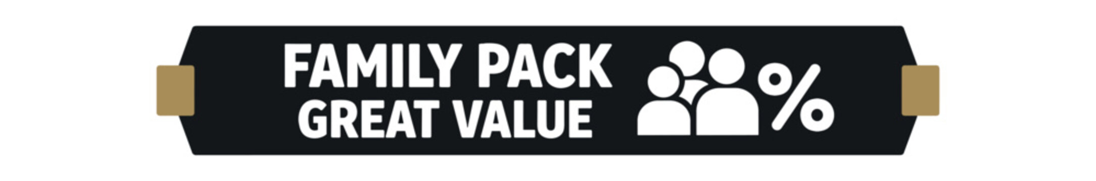 Flat vector label strip badge FAMILY PACK GREAT VALUE simple white users with percent sign pictogram beside text small tabs