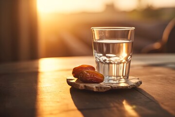 A glass of water and dates on a table during a peaceful sunset moment
