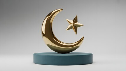 A gold crescent moon and star sculpture on a teal base with gray background