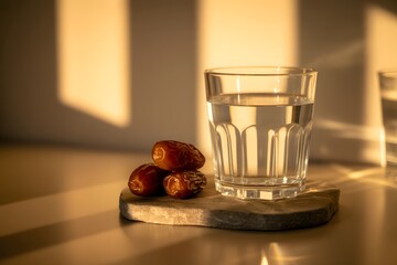 A glass of clear water and dates on a wooden tray in warm sunlight