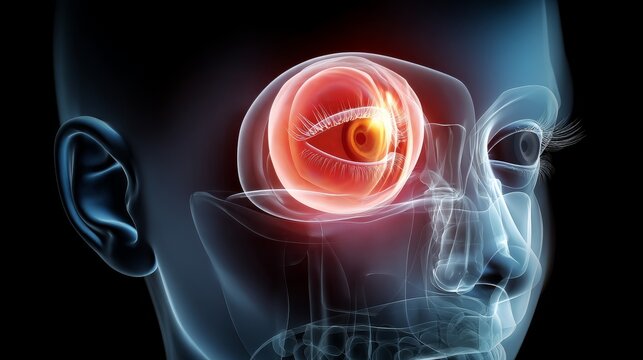 X-ray visualization showing eye disease condition with a glowing effect displayed in a human head model